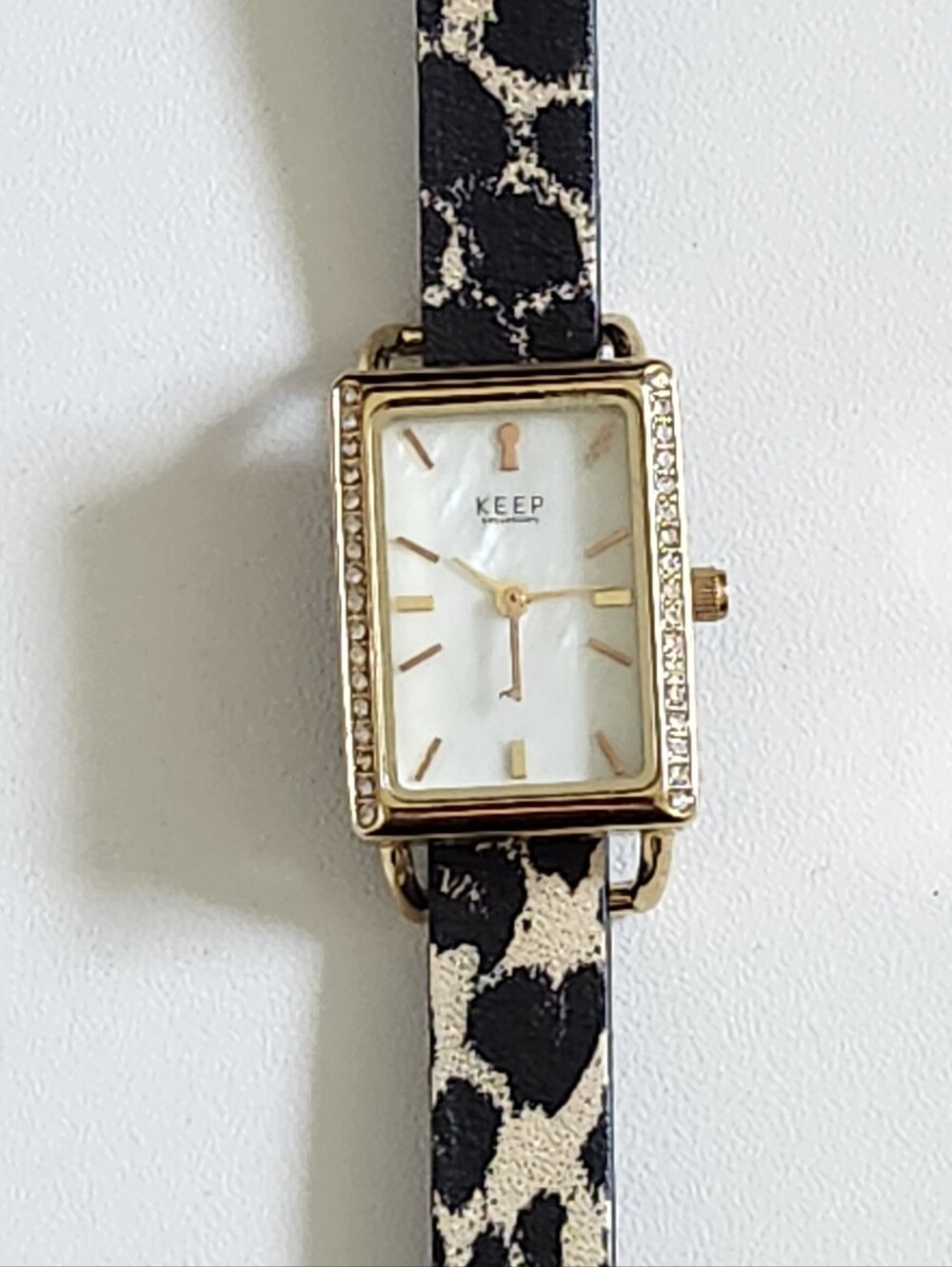 KEEP Collective Rectangular Gold Watch with Black & Cream Leopard Strap